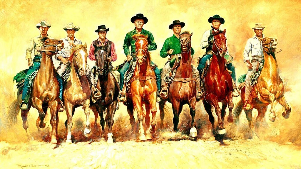 Magnificent 7 poster with the heroes on horseback