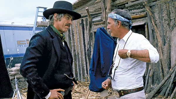 James Coburn and Sam Peckinpah on the set of Pat Garrett & Billy the Kid